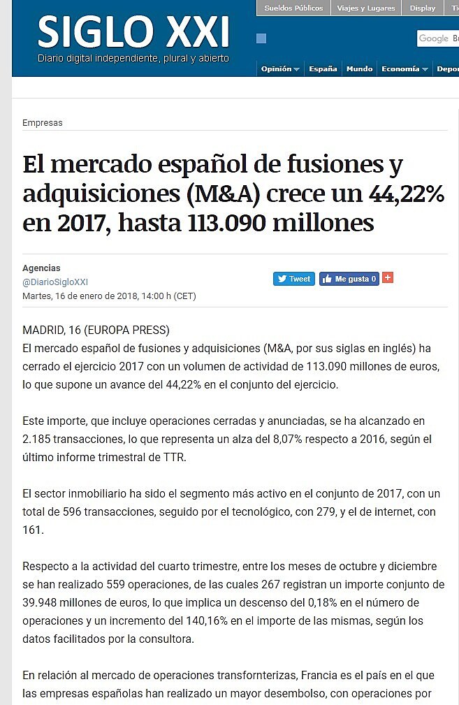 El mercado espaol de fusiones y adquisiciones (M&A) crece un 44,22% en 2017, hasta 113.090 millones